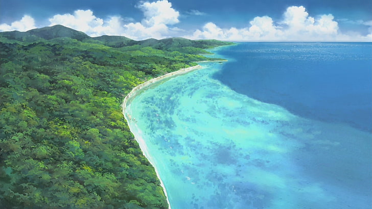 mountains and ocean, anime, landscape, beach, artwork, scenics - nature