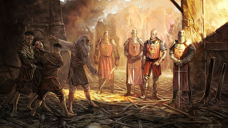 knights standing near building painting, The Witcher, fantasy art