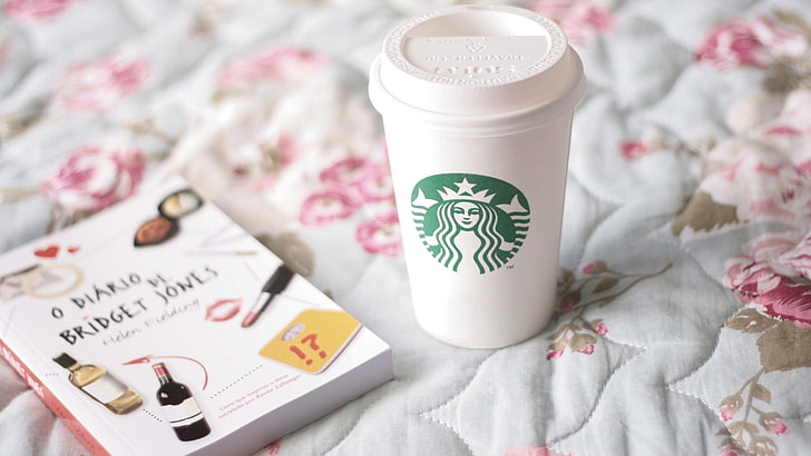 Starbucks disposable cup, coffee, book, bed linen, mood, coffee - Drink