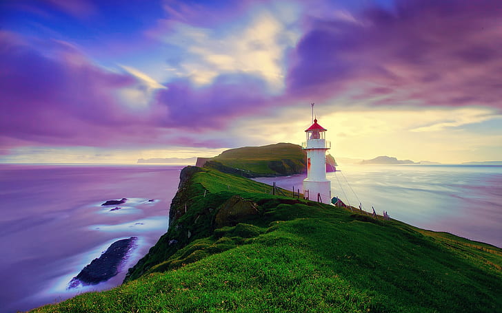 Iceland, Faroe Islands, lighthouse, summer, purple sky, coast, HD wallpaper