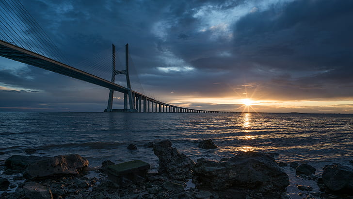 Bridges, Vasco da Gama Bridge, Cloud, Horizon, Portugal, Sunrise