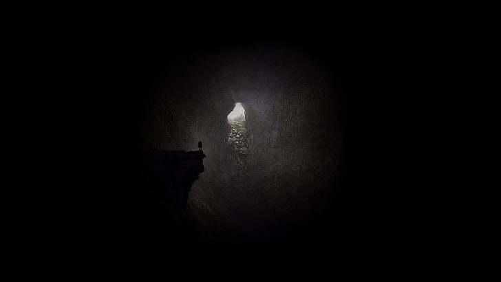 brown cliff, cave, sunlight, the Darkness, artwork, mystery, night