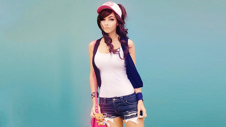 women's white sleeveless top, model, jean shorts, Pokémon, cosplay, HD wallpaper