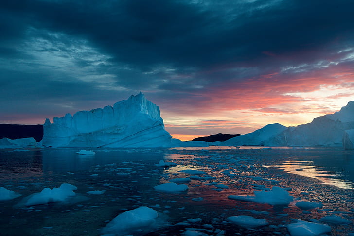 Greenland ice floes, snow, Sunset