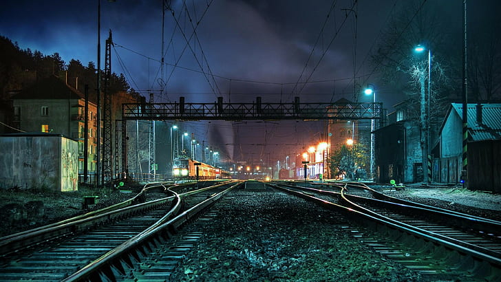 train, night, rail yard, switch, city