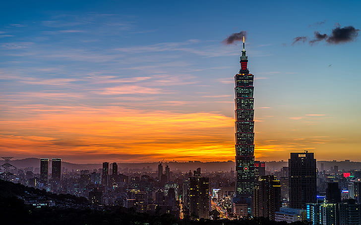 Taiwan Buildings Skyscrapers Sunset HD, cityscape