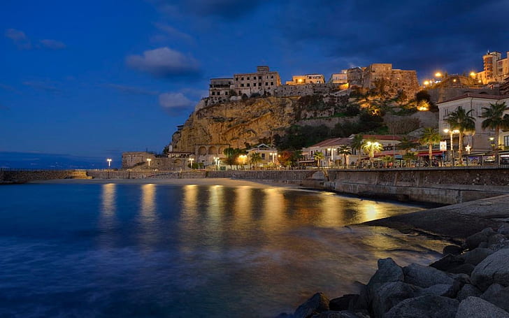 Pizzo Calabro, night, lights, Calabria, Italy, sea, coast, town, HD wallpaper
