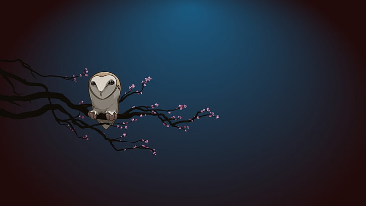 owl perched on tree illustration, artwork, animals, branch, simple background