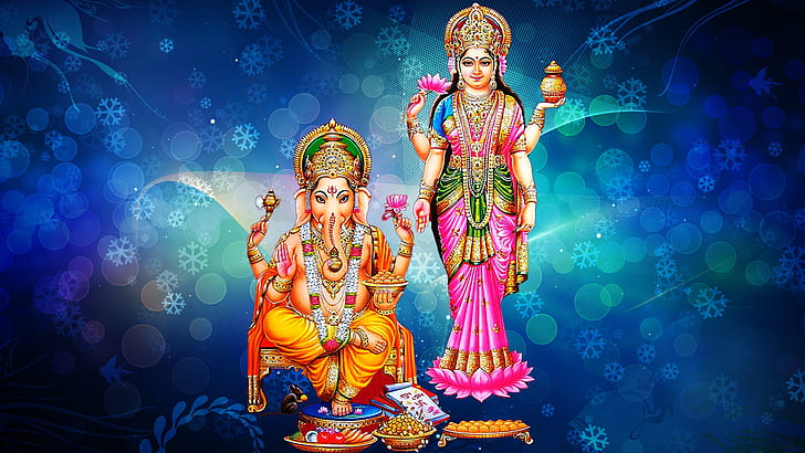 Goddess Laxmi And Lord Ganesh Blue Decorative Background With Snowflakes Hd Wallpaper 1920×1080
