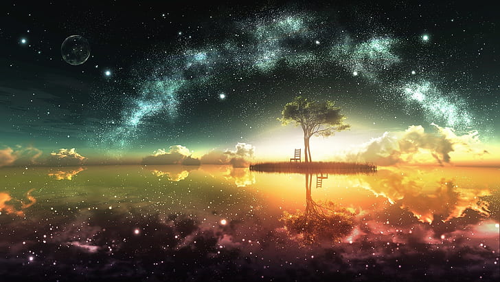 Beautiful artwork design, moon, island, chair, tree, stars, water reflection, HD wallpaper