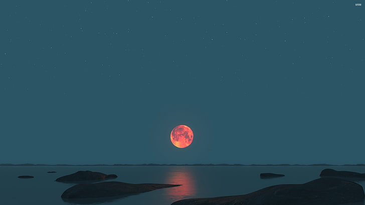 red and orange moon, landscape photograph of blood moon, moonlight, HD wallpaper