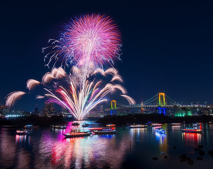 Tokyo Fireworks, fireworks, City, Colorful, Landscape, Night, HD wallpaper