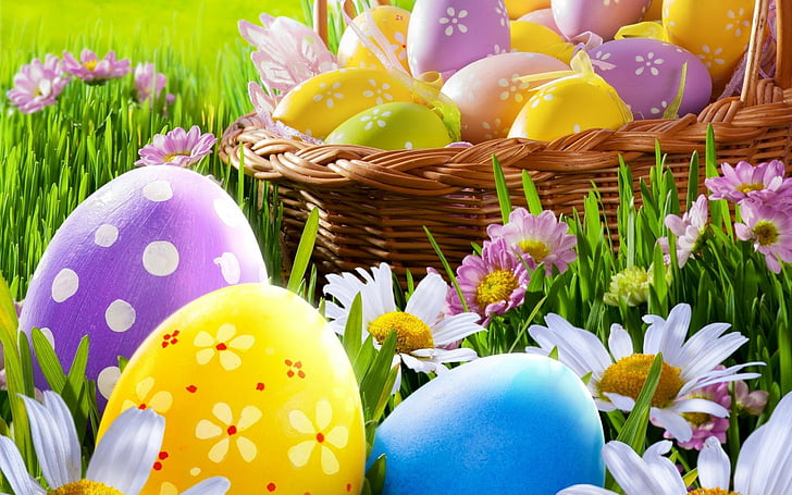 HD wallpaper: Holiday, Easter, Basket, Colorful, Easter Egg, Flower, Grass  | Wallpaper Flare