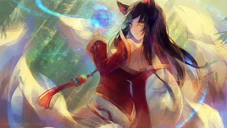 girl anime character wallpaper, League of Legends, fox girl, Ahri