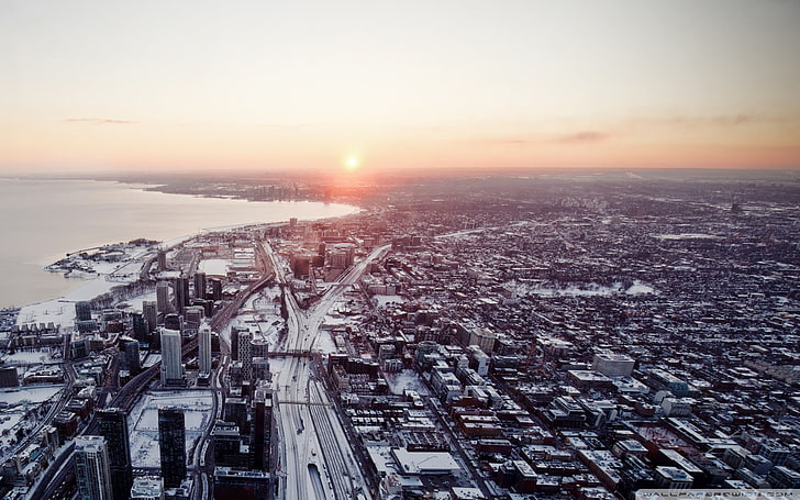 city skyline during daytime, aerial view, Toronto, long exposure