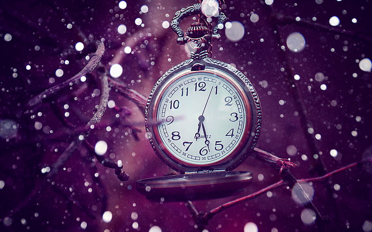 silver-colored pocket watch, clock, time, lilac, christmas, winter, HD wallpaper