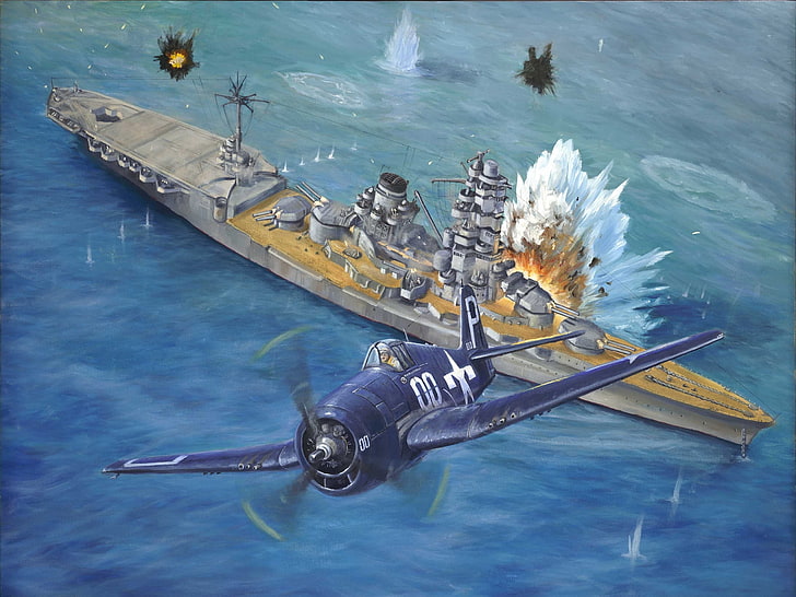 battleship and plane wallpaper, sea, the sky, water, attack, figure, HD wallpaper