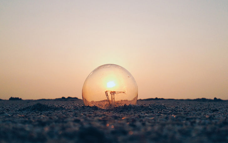 clear bubble on ground, Abduzeedo, light bulb, Sun, sunset, sky