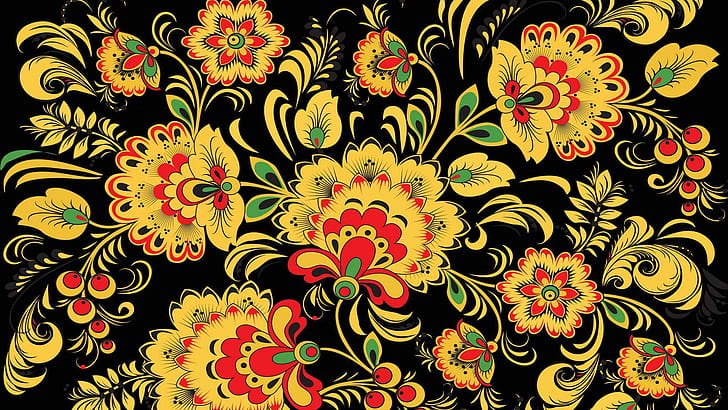 Khokhloma pattern, yellow white and black floral art painting, HD wallpaper