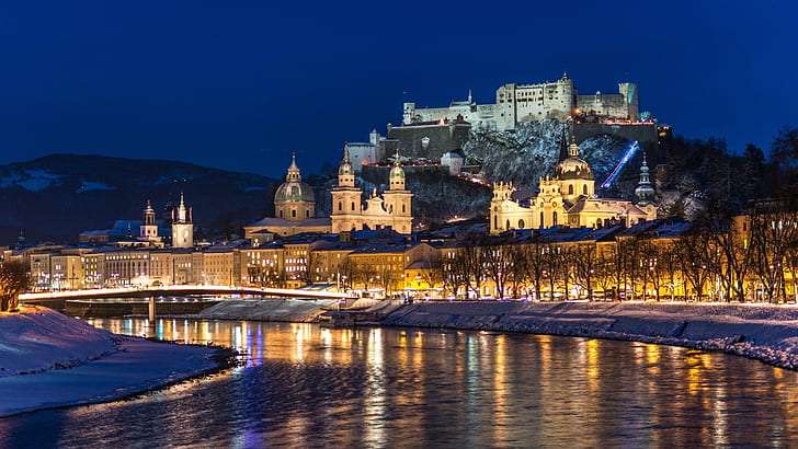 City night, Salzburg, Austria, river, winter, snow, houses, lights, HD wallpaper