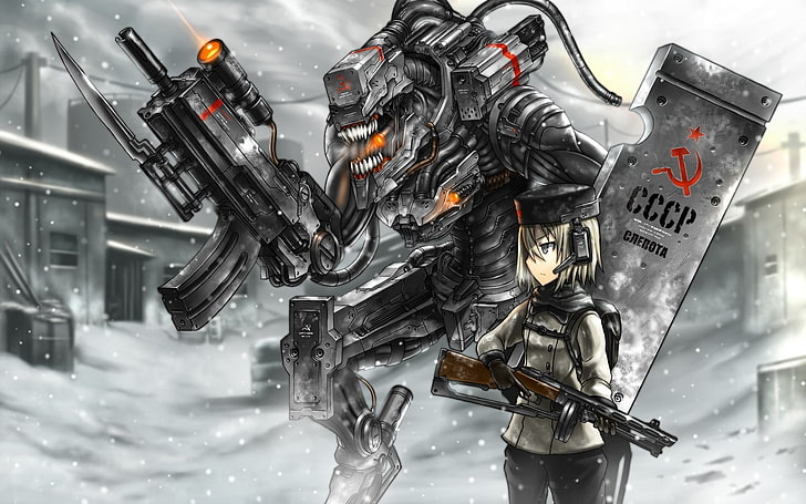 winter snow robots weapons shield ussr gia artist artwork alien anime girls 1440x900  Nature Seasons HD Art, HD wallpaper