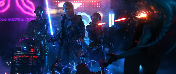 lightsaber, Luke Skywalker, Star Wars, cyberpunk, HD wallpaper