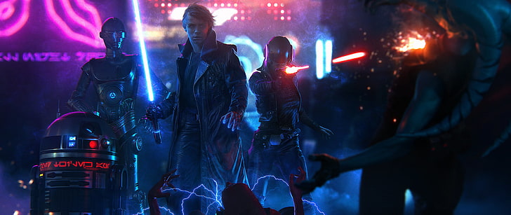 Star Wars wallpaper, cyberpunk, Luke Skywalker, lightsaber, neon, HD wallpaper