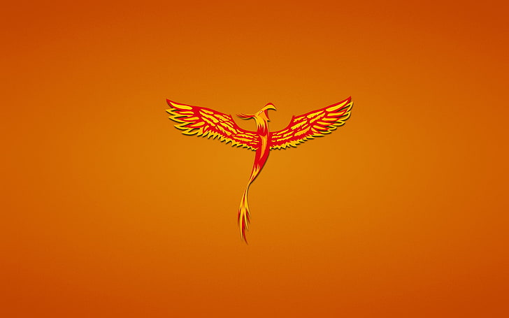 red and yellow phoenix clip art, bird, minimalism, fenix, reddish background, HD wallpaper