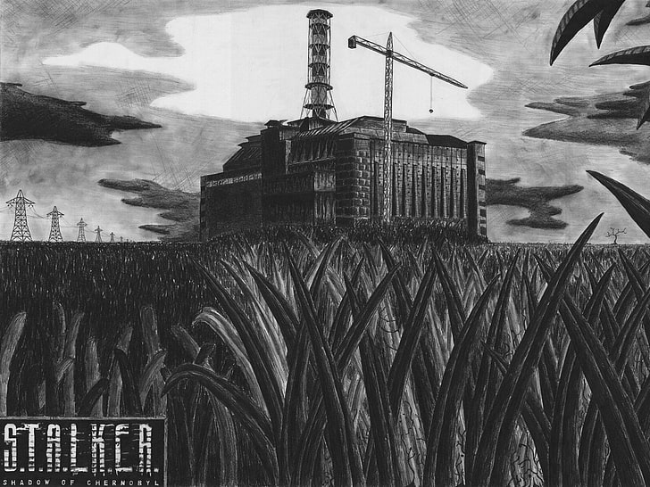 crane building painting, grass, Stalker, Chernobyl, visual Art, HD wallpaper