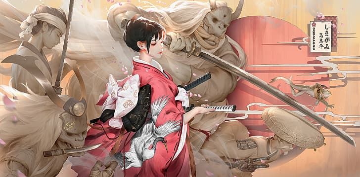 Bigball Gao, samurai, warrior, warrior girls, katana, kimono HD wallpaper