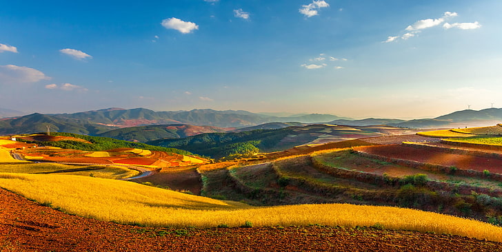 green terraces, field, the sky, clouds, hills, horizon, China