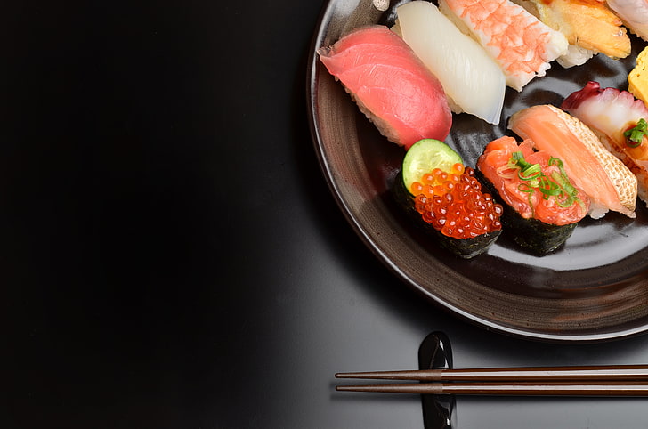 plate of sushi, food, fish, black background, caviar, seafood