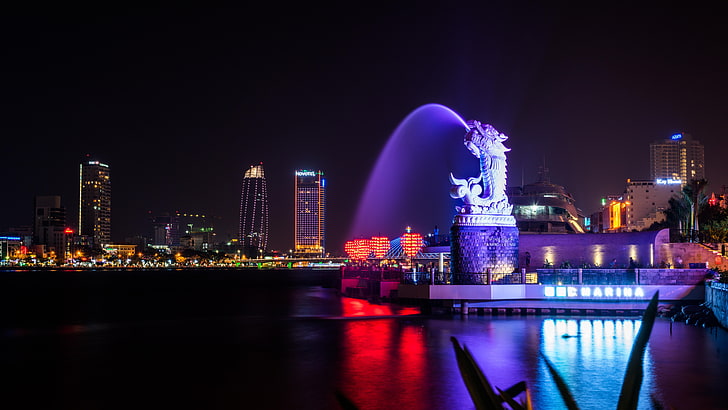 vietnam, da nang, han river, dragon statue, fountain, architecture, HD wallpaper