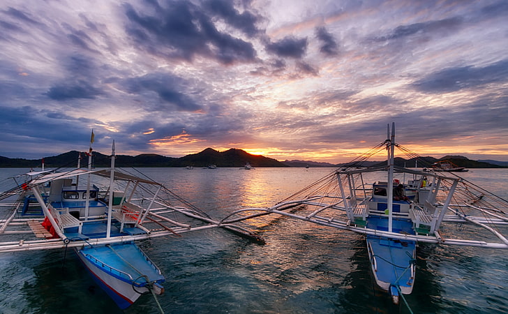Twins, Travel, Islands, Sunset, Water, Cloudy, Boat, philippines, HD wallpaper