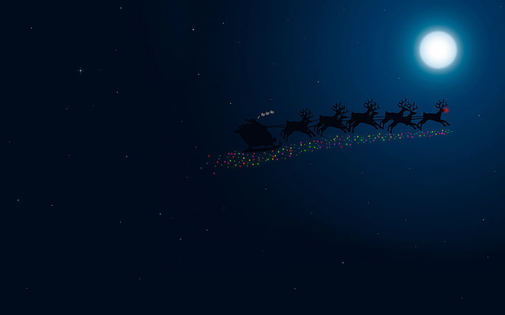 sleigh and reindeer wallpaper, night, the moon, new year, Santa, HD wallpaper