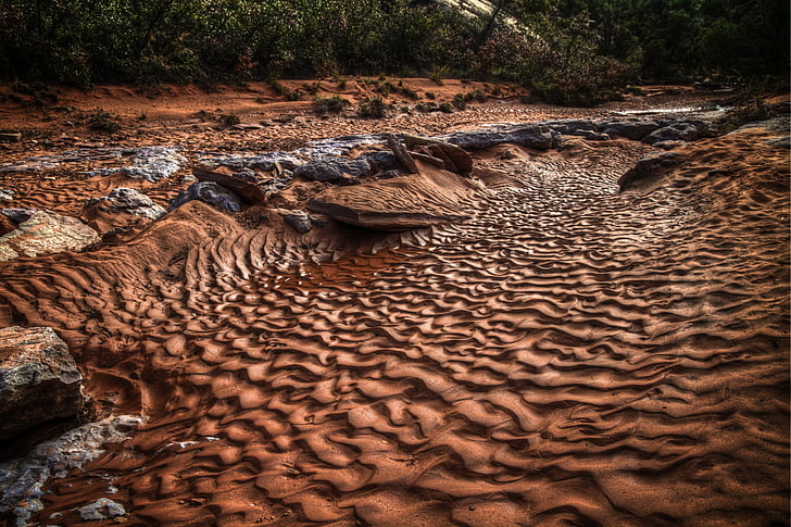 brown sand, dunes, riverbed, hdr, land, no people, nature, rock
