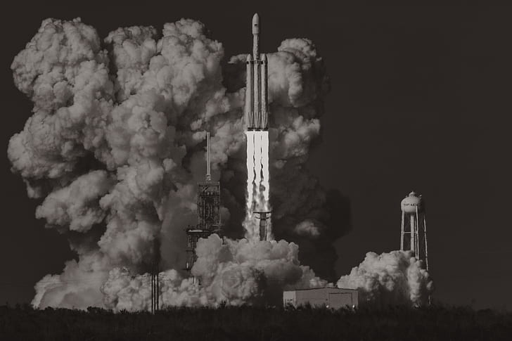 Launch, Elon Musk, artwork, SpaceX, Falcon Heavy, monochrome, HD wallpaper
