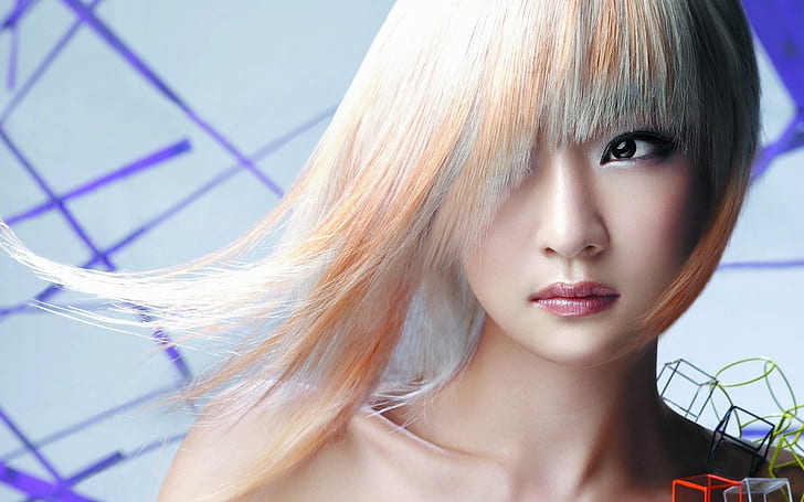 Asian girl, white hair, eyes, makeup, orange haired woman