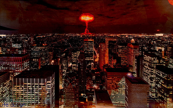black and red house painting, apocalyptic, cityscape, atomic bomb
