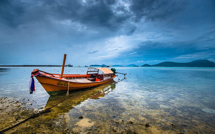Oceanfront Phuket Thailand, water, boat, reflection, HD wallpaper