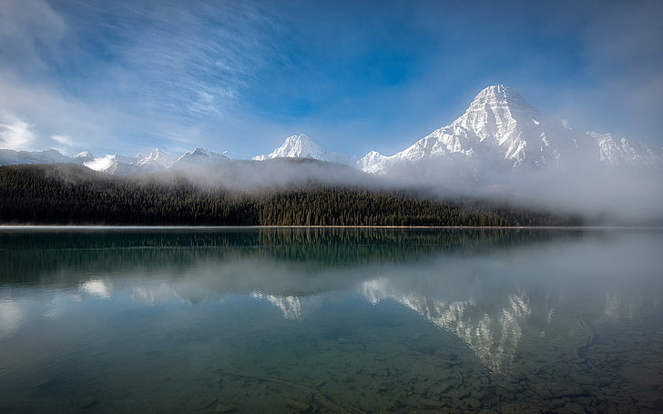 nature, landscape, Canada, lake, mist, forest, mountains, clouds