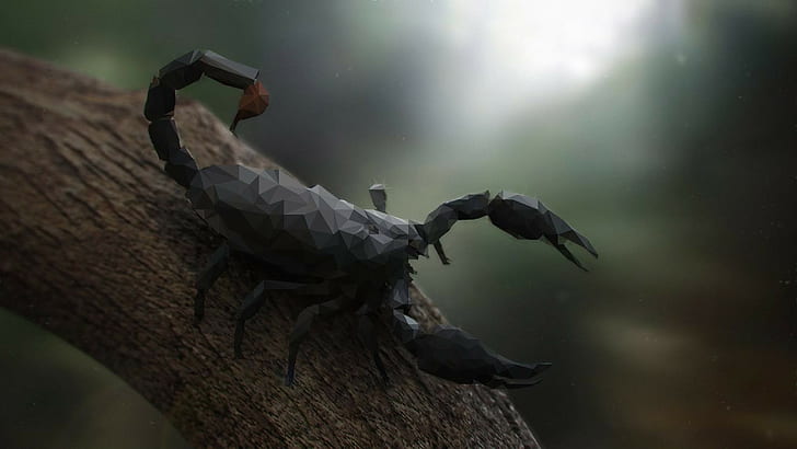 Nature, Animals, Digital Art, Scorpions, Low Poly, Branch, Depth of Field, black and gray scorpion