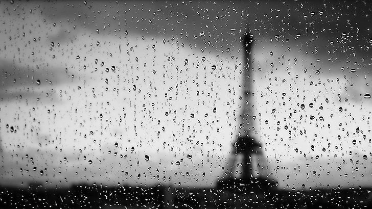 Eiffel tower, Paris, city, France, monochrome, water drops, glass