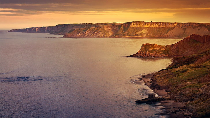 brown and green island, landscape, nature, coast, cliff, sea, HD wallpaper