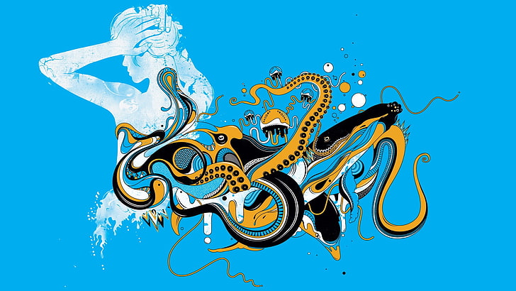 graphic design, squids, jellyfish, women, surreal, blue, water