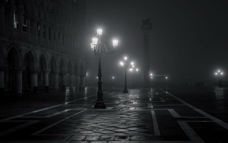 town square, night, old building, street light, architecture