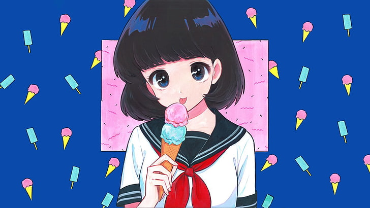 anime, anime girls, manga, simple background, blue, blue background