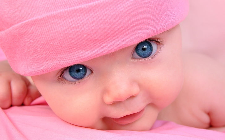 baby's pink knit cap, child, eyes, face, hat, cute, small, innocence