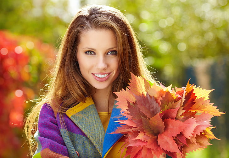 women, fall, flowers, smiling, open mouth, coats, long hair, HD wallpaper