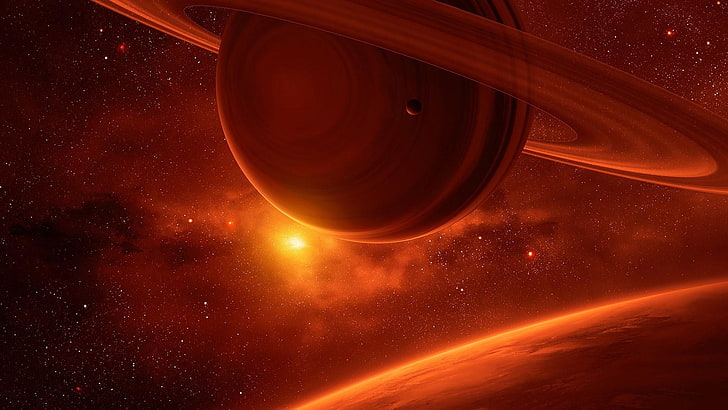 ringed planet, orange, planetary ring, universe, space, sky, HD wallpaper